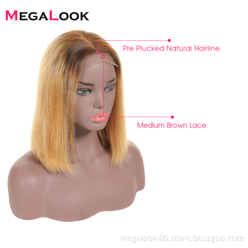 Natural Straight Ombre Colored Brazilian Virgin Human Hair Lace Front Short Bob Wigs for Black Women